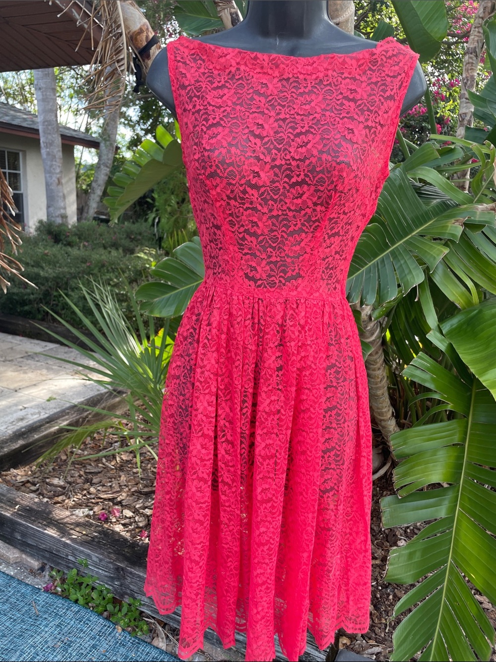coral sheer lace dress